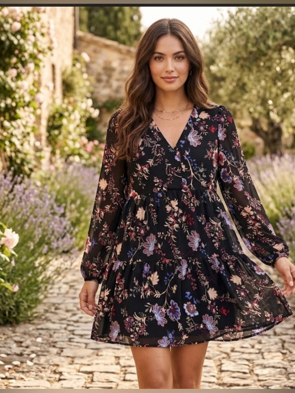 MELLODAY Black Floral Long Sleeve Tiered Mini Dress